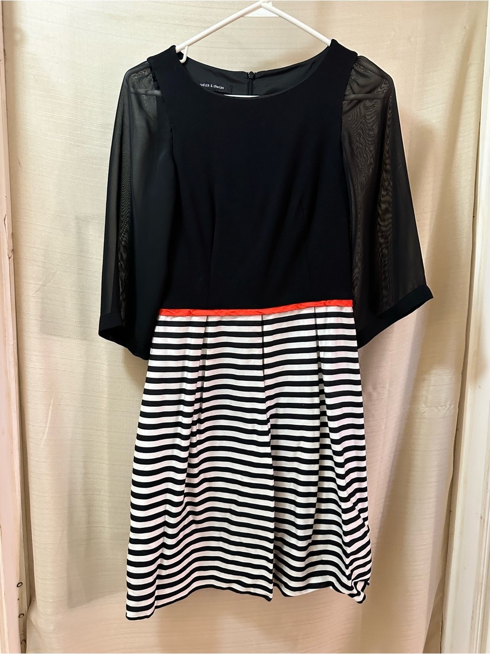 Judith & Charles Black Fit & Flare Striped Sheer Sleeve Cocktail Dress Size 4